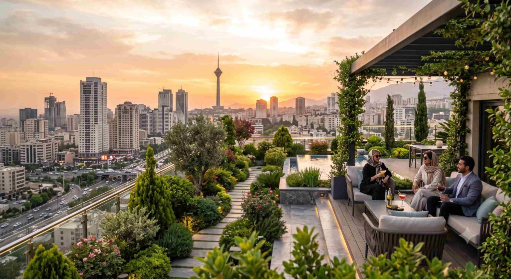 نمایی لوکس از یک روف گاردن مدرن در غرب تهران با چشم‌انداز برج میلاد هنگام غروب خورشید
