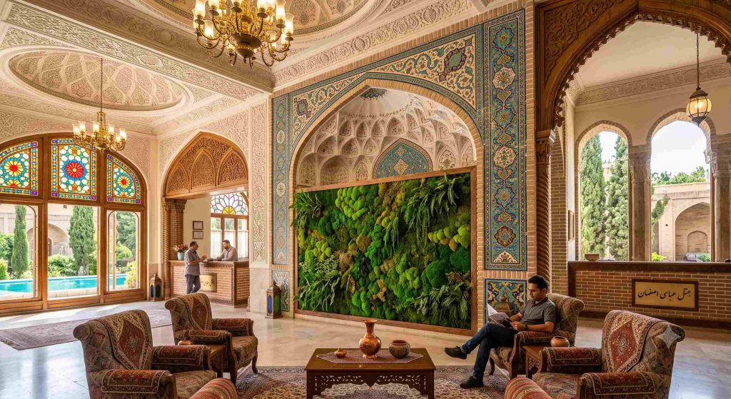 لابی یک هتل در اصفهان که دارای دیوار خزه ای است