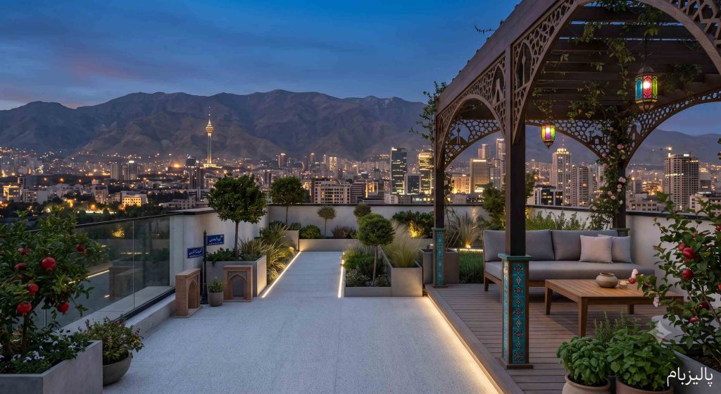 اجرای پرگولا با المان‌های معماری در روف گاردن لوکس شمال تهران همراه با چشم‌انداز پایتخت توسط پالیزبام